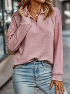 Women's Quarter-Zip Ribbed Pullover Sweater Stand Collar Casual Fall - Lolly 