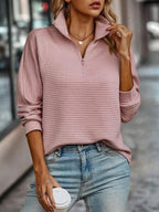 Women's Quarter-Zip Ribbed Pullover Sweater Stand Collar Casual Fall - Lolly 