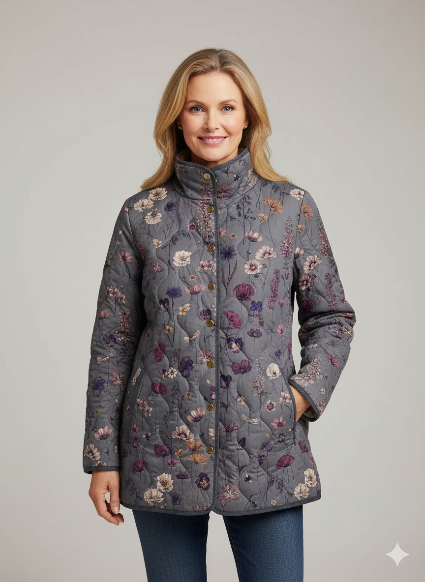 Women's Quilted Jacket – Floral Print Stand Collar Snap-Front - Lolly 