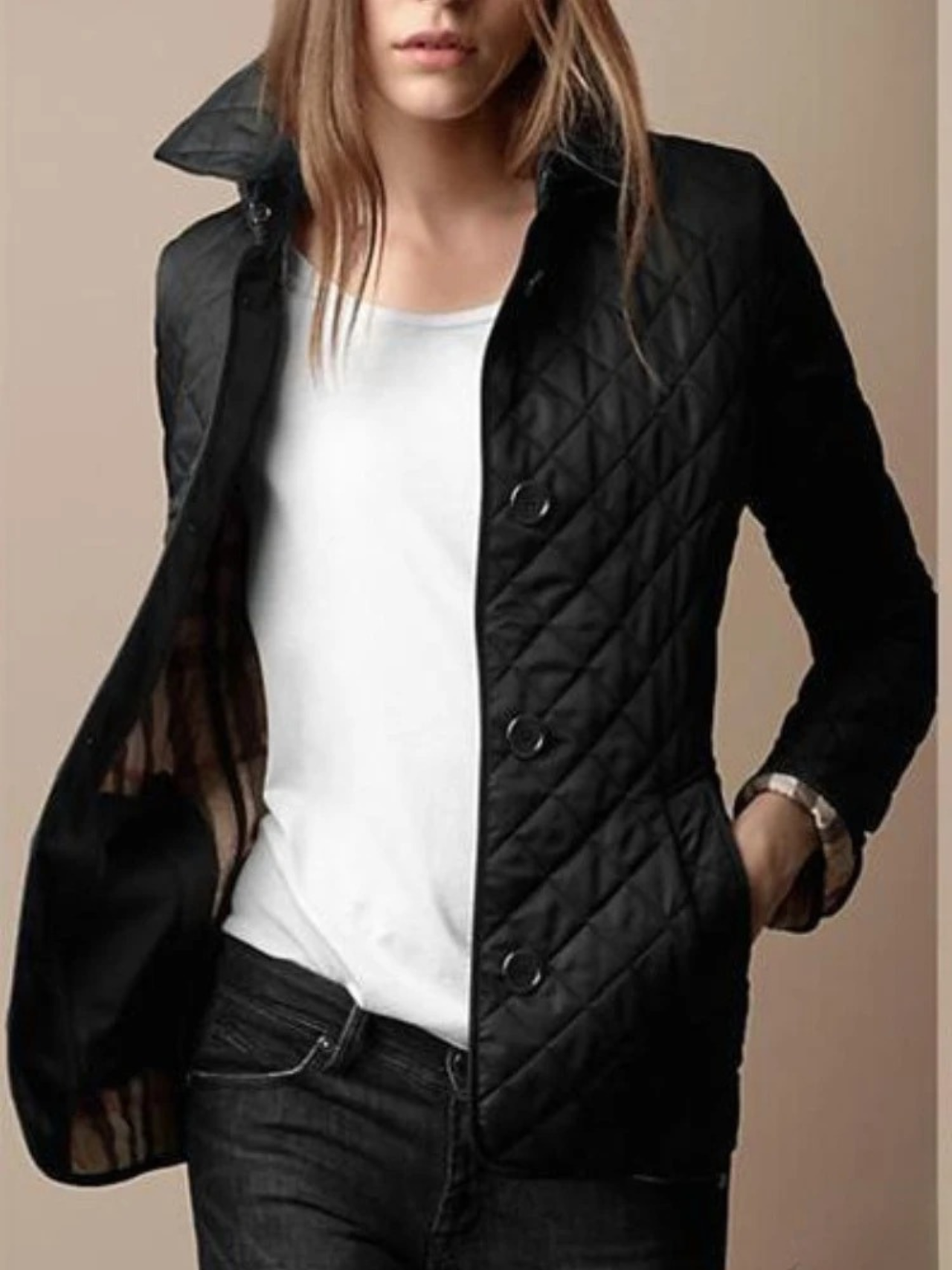 Women's Quilted Jacket Snap Button Turned-Down Collar Lightweight Fall Winter Outerwear - Lolly 
