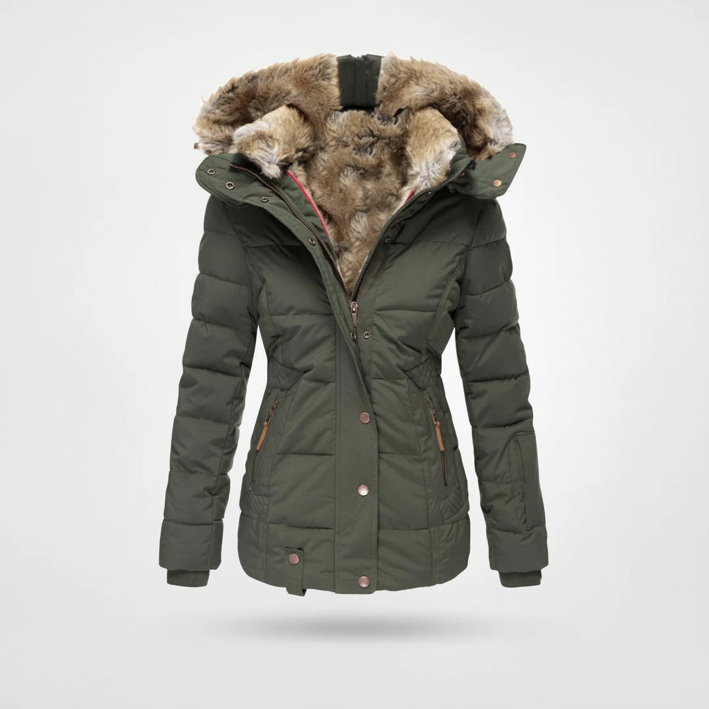 Women's Quilted Puffer Jacket Fleece Lined Hooded Winter Coat Faux Fur Trim - Lolly 