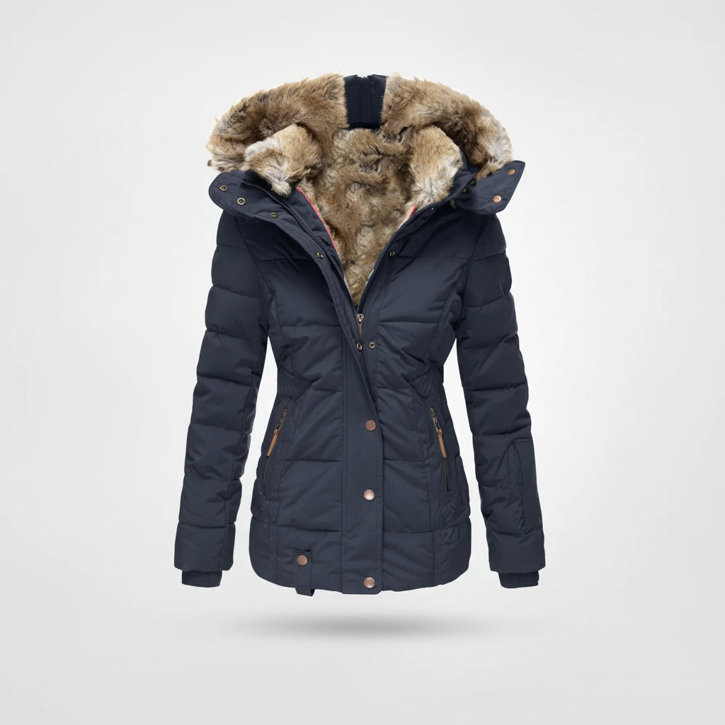 Women's Quilted Puffer Jacket Fleece Lined Hooded Winter Coat Faux Fur Trim - Lolly 