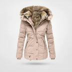 Women's Quilted Puffer Jacket Fleece Lined Hooded Winter Coat Faux Fur Trim - Lolly 