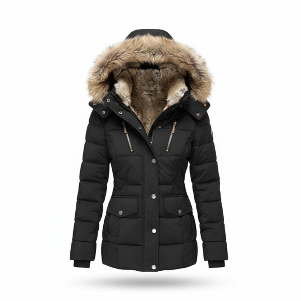 Women's Quilted Puffer Jacket Fleece Lined Hooded Winter Coat Faux Fur Trim - Lolly 