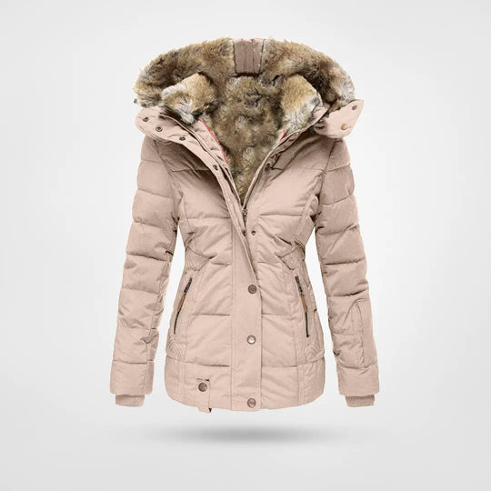 Women's Quilted Puffer Jacket Winter Hooded Coat Faux Fur Trim Fleece Lined - Lolly 