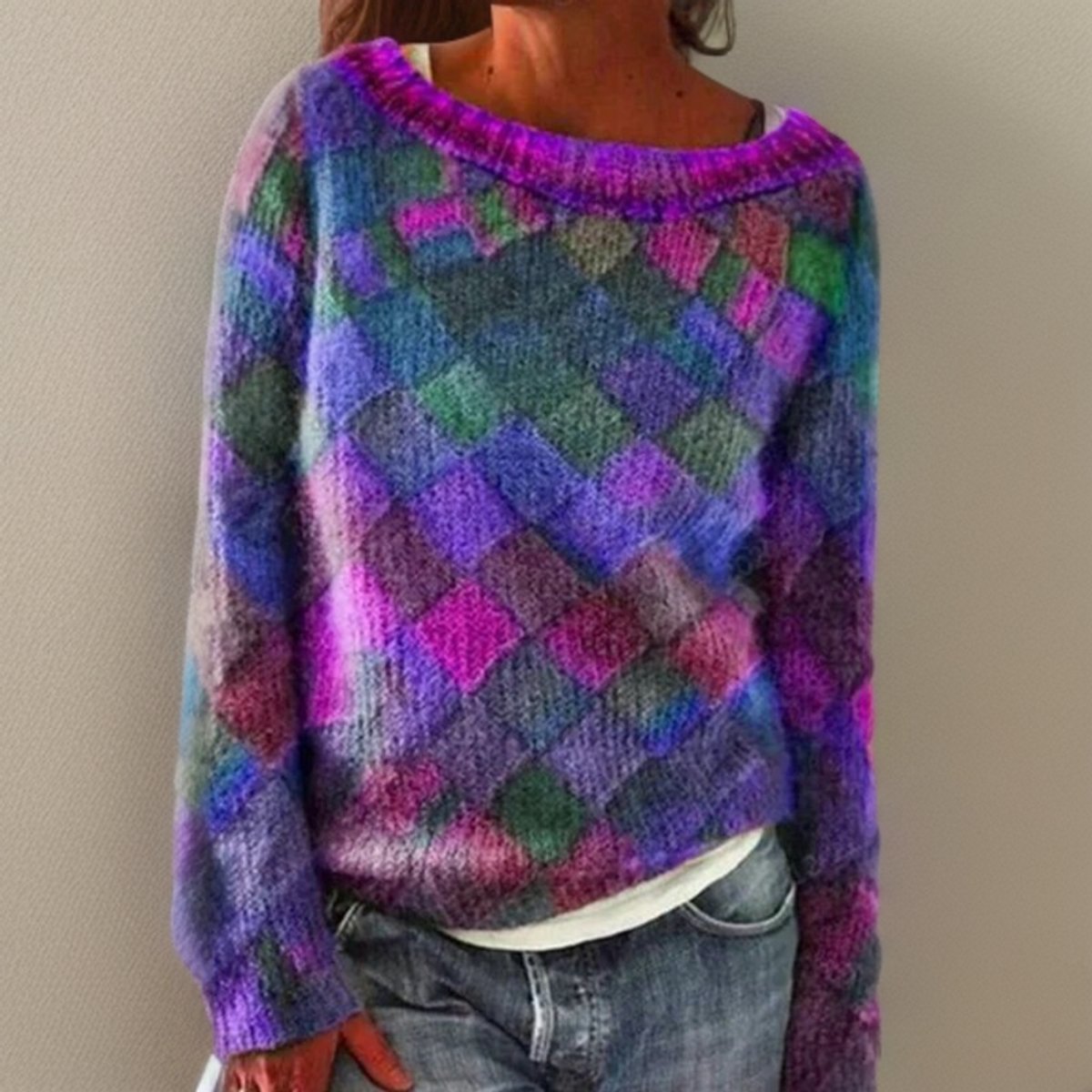 Women's Relaxed-Fit Argyle Knit Sweater Diamond Pattern Colorful Pullover Casual Winter - Lolly 
