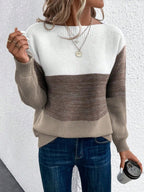 Women's Relaxed-Fit Color-Block Crewneck Knit Sweater Long Sleeve Casual Winter Pullover - Lolly 