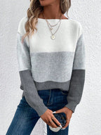 Women's Relaxed-Fit Color-Block Crewneck Knit Sweater Long Sleeve Casual Winter Pullover - Lolly 