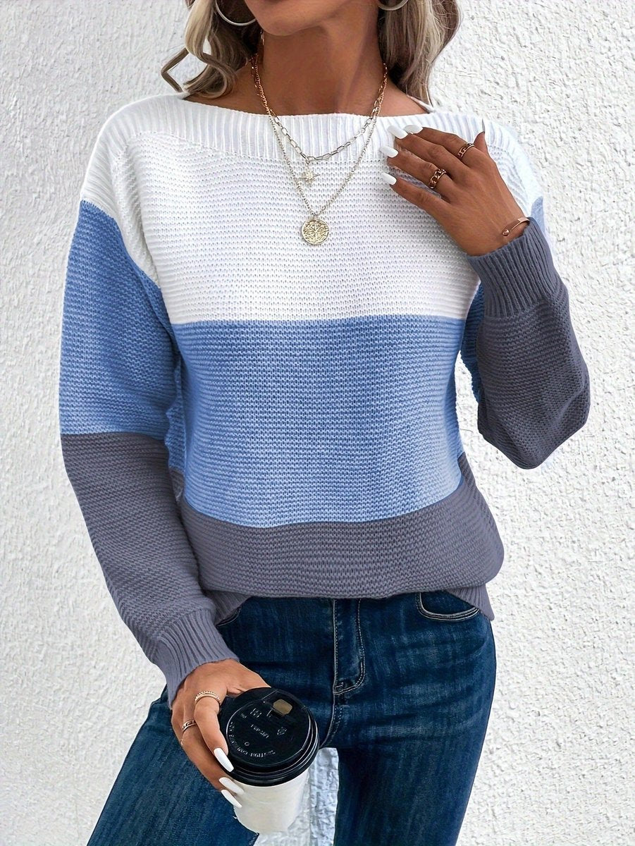 Women's Relaxed-Fit Color-Block Crewneck Knit Sweater Long Sleeve Casual Winter Pullover - Lolly 