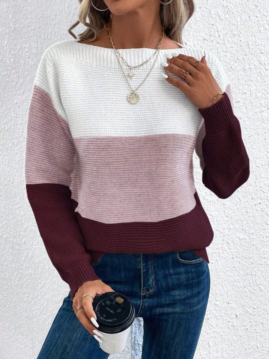 Women's Relaxed-Fit Color-Block Crewneck Knit Sweater Long Sleeve Casual Winter Pullover - Lolly 