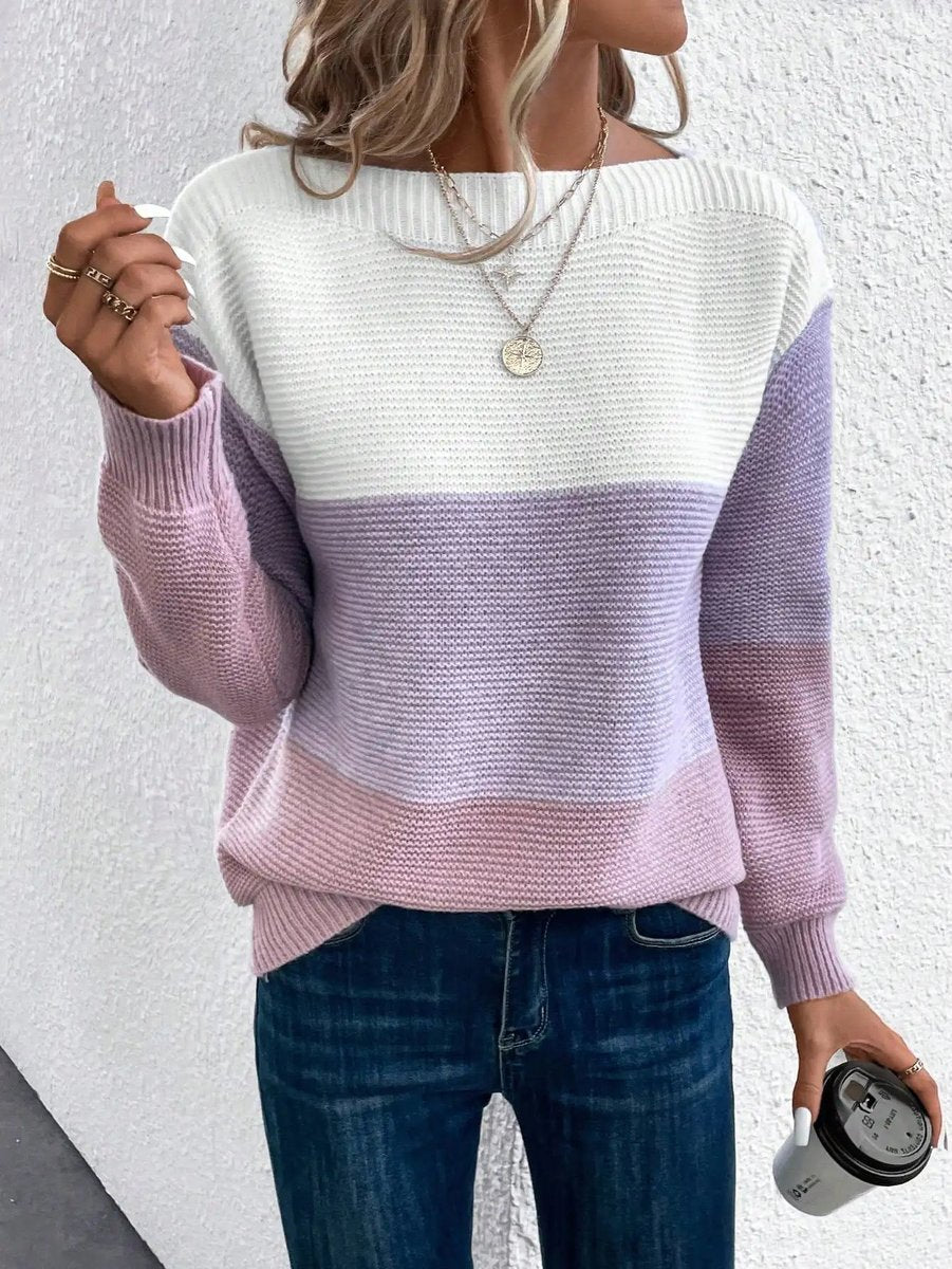 Women's Relaxed-Fit Color-Block Crewneck Knit Sweater Long Sleeve Casual Winter Pullover - Lolly 