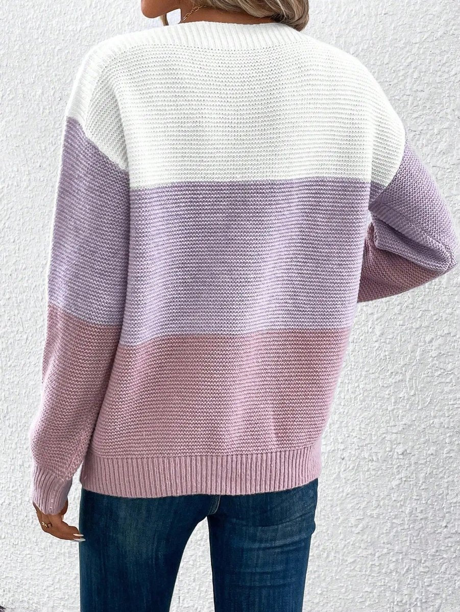 Women's Relaxed-Fit Color-Block Crewneck Knit Sweater Long Sleeve Casual Winter Pullover - Lolly 