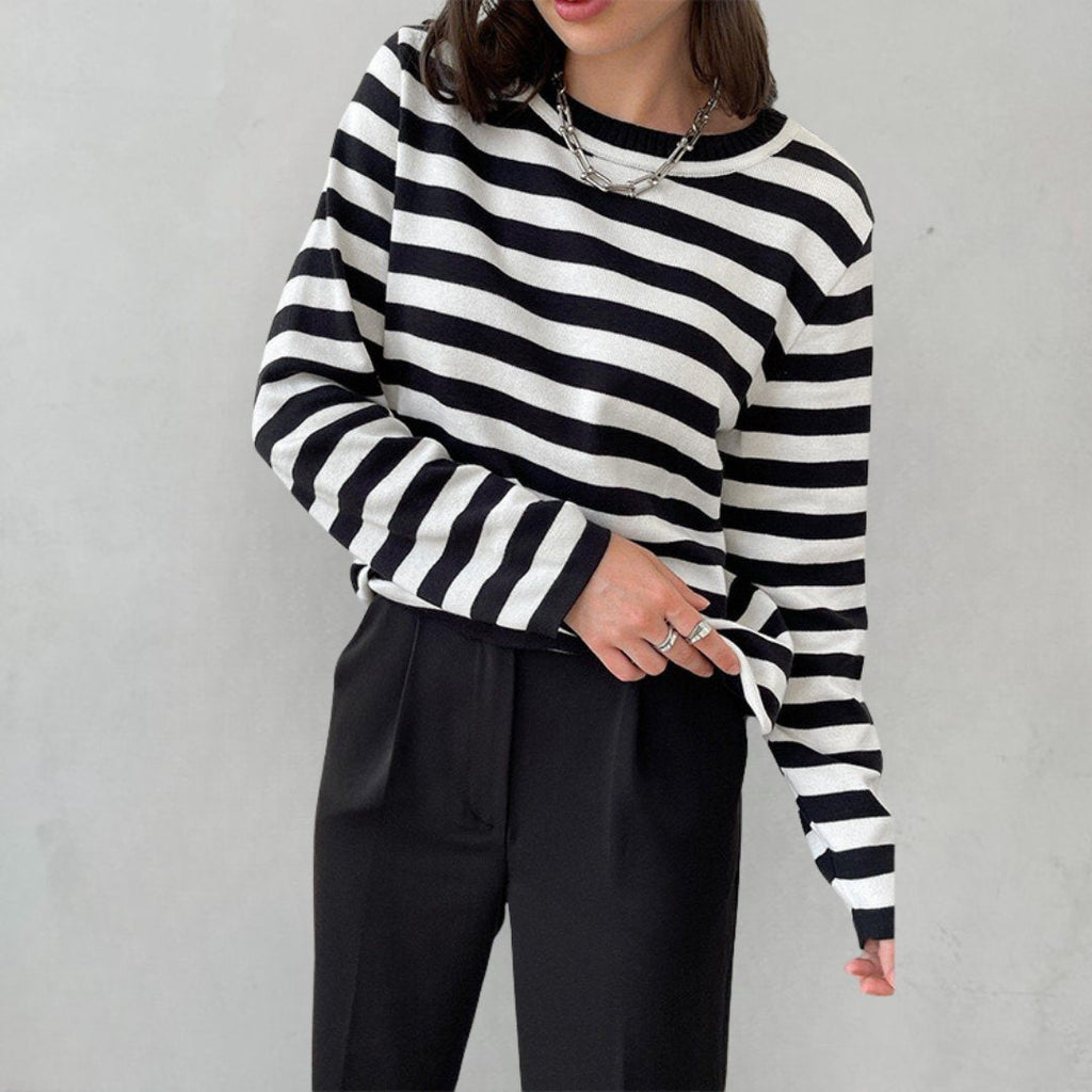 Women's Relaxed-Fit Nautical Striped Sweater Long Sleeve Crew Neck Casual Pullover - Lolly 