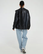 Women's Relaxed Fit PU Leather Bomber Jacket Casual Everyday Outerwear - Lolly 