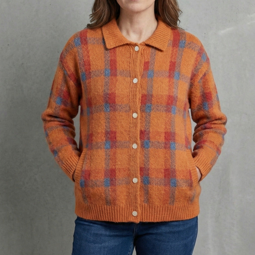 Women's Retro Check Plaid Flannel Shirt Jacket Casual Everyday Fall Winter Cozy Outdoor Streetwear – Vivienne Orange Blue Red - Lolly 