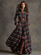 Women's Retro Ethnic Plaid Cowgirl Long Dress Lapel Belted Long Sleeve Casual Relaxed – Reddish Brown - Lolly 