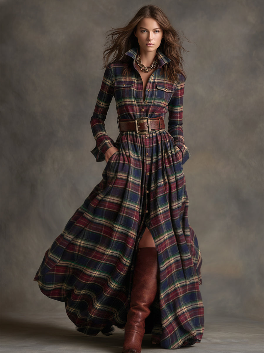 Women's Retro Ethnic Plaid Cowgirl Long Dress Lapel Belted Long Sleeve Casual Relaxed – Reddish Brown - Lolly 