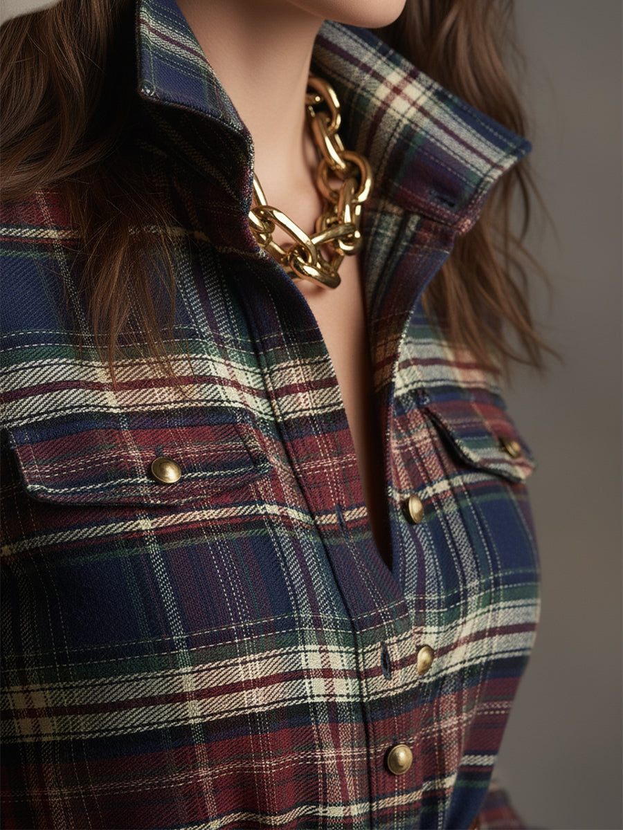 Women's Retro Ethnic Plaid Cowgirl Long Dress Lapel Belted Long Sleeve Casual Relaxed – Reddish Brown - Lolly 