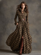 Women's Retro Ethnic Plaid Cowgirl Long Dress Lapel Belted Long Sleeve Casual Relaxed – Reddish Brown - Lolly 
