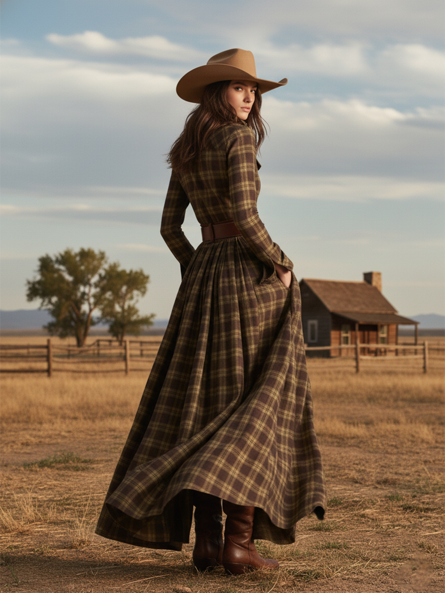 Women's Retro Ethnic Plaid Cowgirl Long Dress Lapel Belted Long Sleeve Casual Relaxed – Reddish Brown - Lolly 