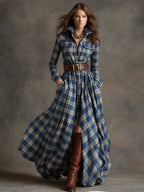 Women's Retro Ethnic Plaid Cowgirl Long Dress Lapel Belted Long Sleeve Casual Relaxed – Reddish Brown - Lolly 