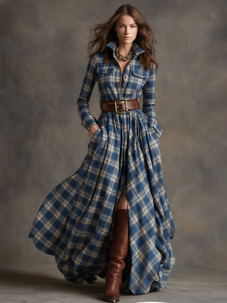 Women's Retro Ethnic Plaid Cowgirl Long Dress Lapel Belted Long Sleeve Casual Relaxed – Reddish Brown - Lolly 