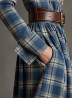 Women's Retro Ethnic Plaid Cowgirl Long Dress Lapel Belted Long Sleeve Casual Relaxed – Reddish Brown - Lolly 