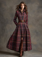 Women's Retro Ethnic Plaid Cowgirl Long Dress Lapel Belted Long Sleeve Casual Relaxed – Reddish Brown - Lolly 