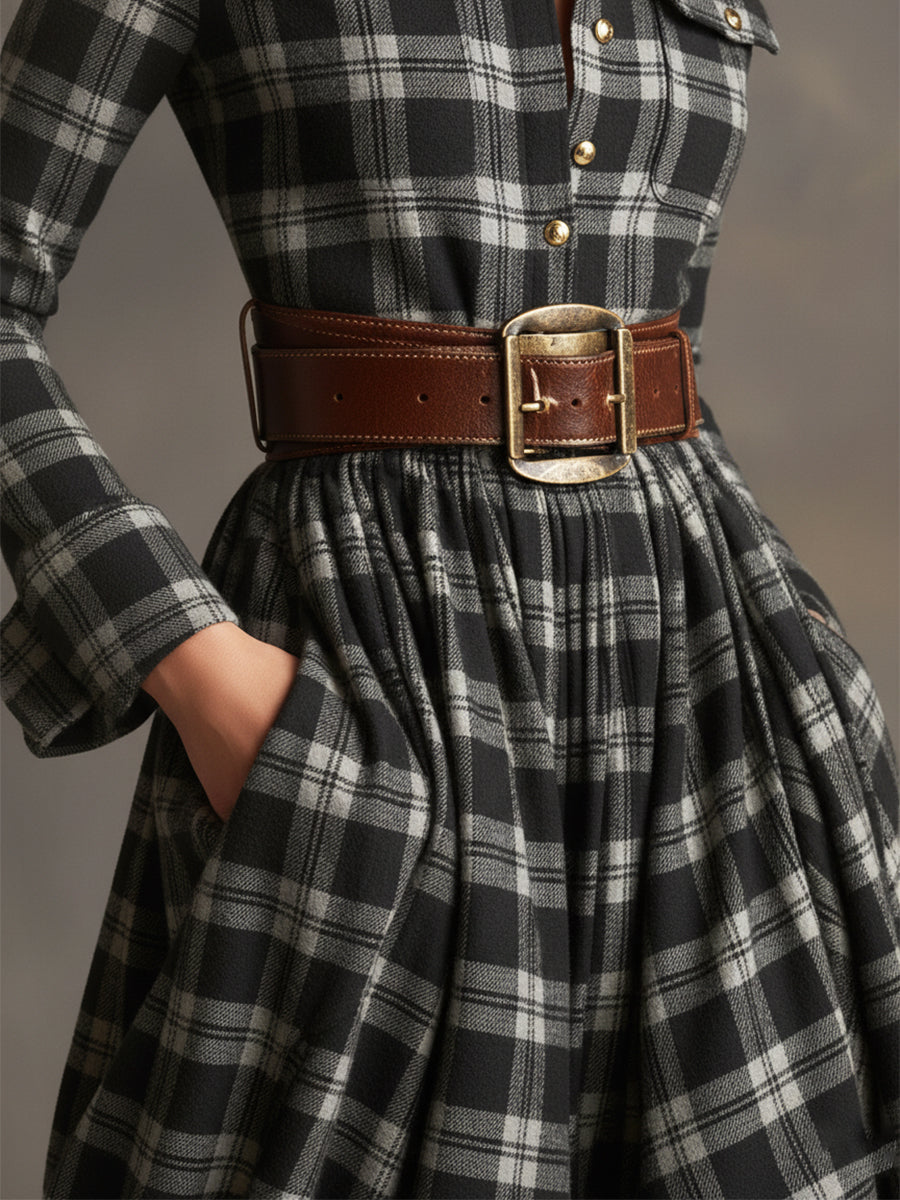 Women's Retro Ethnic Plaid Cowgirl Long Dress Lapel Belted Long Sleeve Casual Relaxed – Reddish Brown - Lolly 