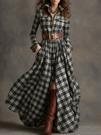 Women's Retro Ethnic Plaid Cowgirl Long Dress Lapel Belted Long Sleeve Casual Relaxed – Reddish Brown - Lolly 