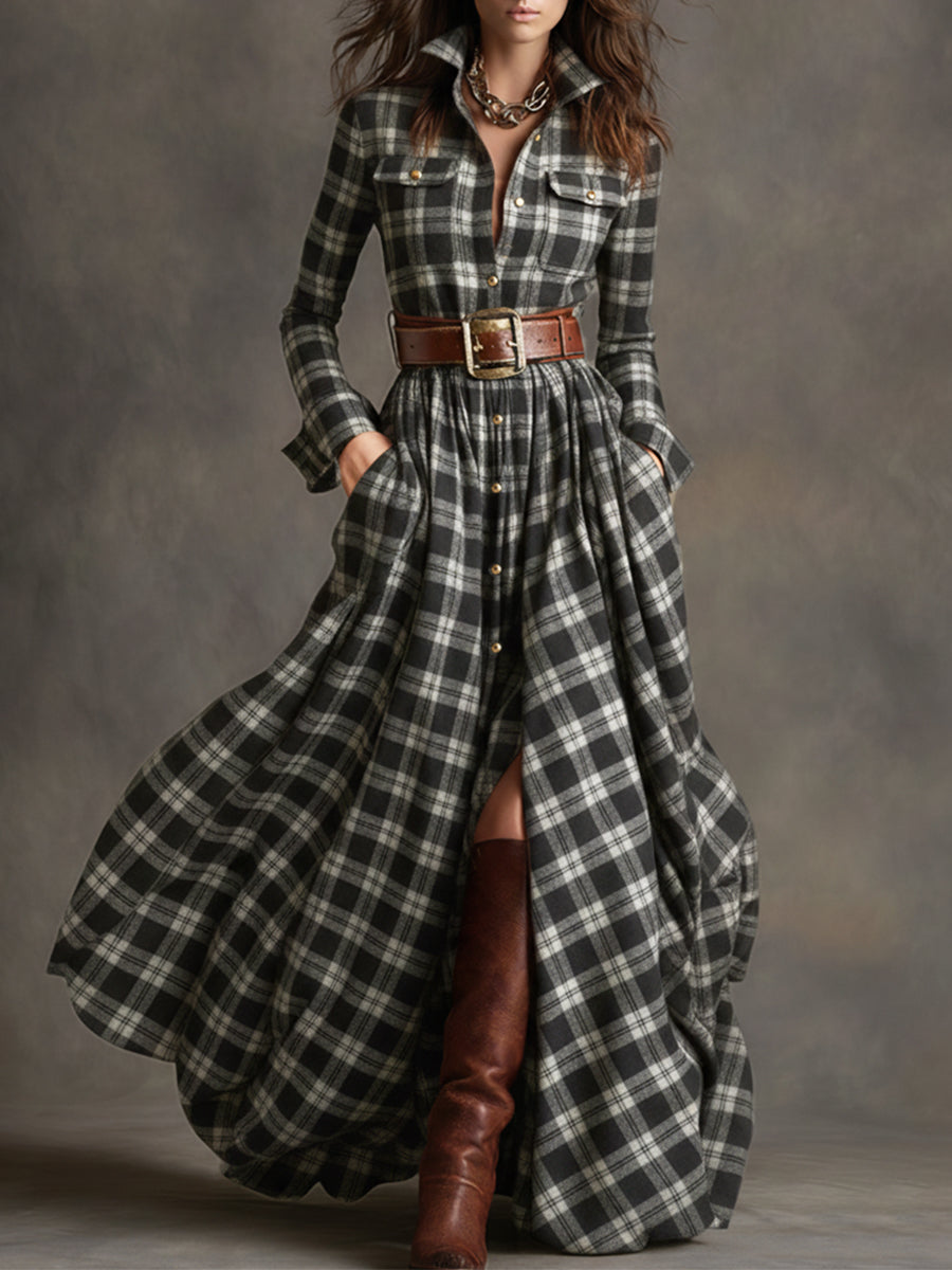Women's Retro Ethnic Plaid Cowgirl Long Dress Lapel Belted Long Sleeve Casual Relaxed – Reddish Brown - Lolly 