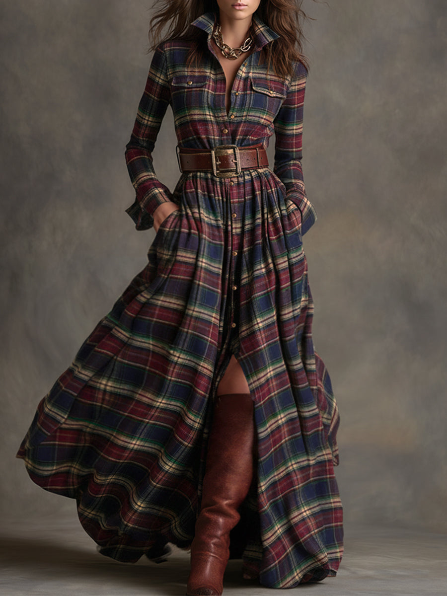 Women's Retro Ethnic Plaid Cowgirl Long Dress Lapel Belted Long Sleeve Casual Relaxed – Reddish Brown - Lolly 