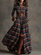 Women's Retro Ethnic Plaid Cowgirl Long Dress Lapel Belted Long Sleeve Casual Relaxed – Reddish Brown - Lolly 