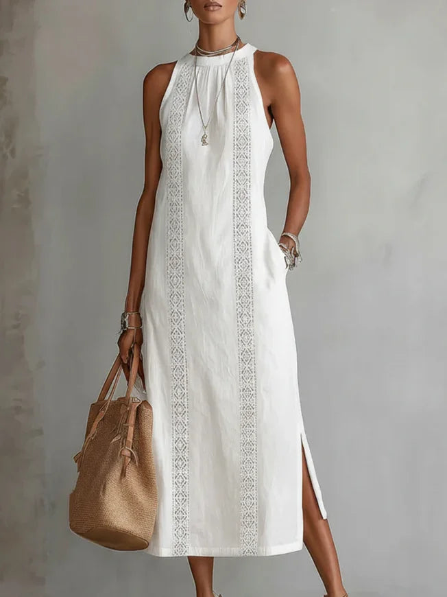 Women's Retro Minimalist Linen Midi Dress Sleeveless High Neck Lace Detail Casual Summer Beach Vacation Everyday – Celeste - Lolly 