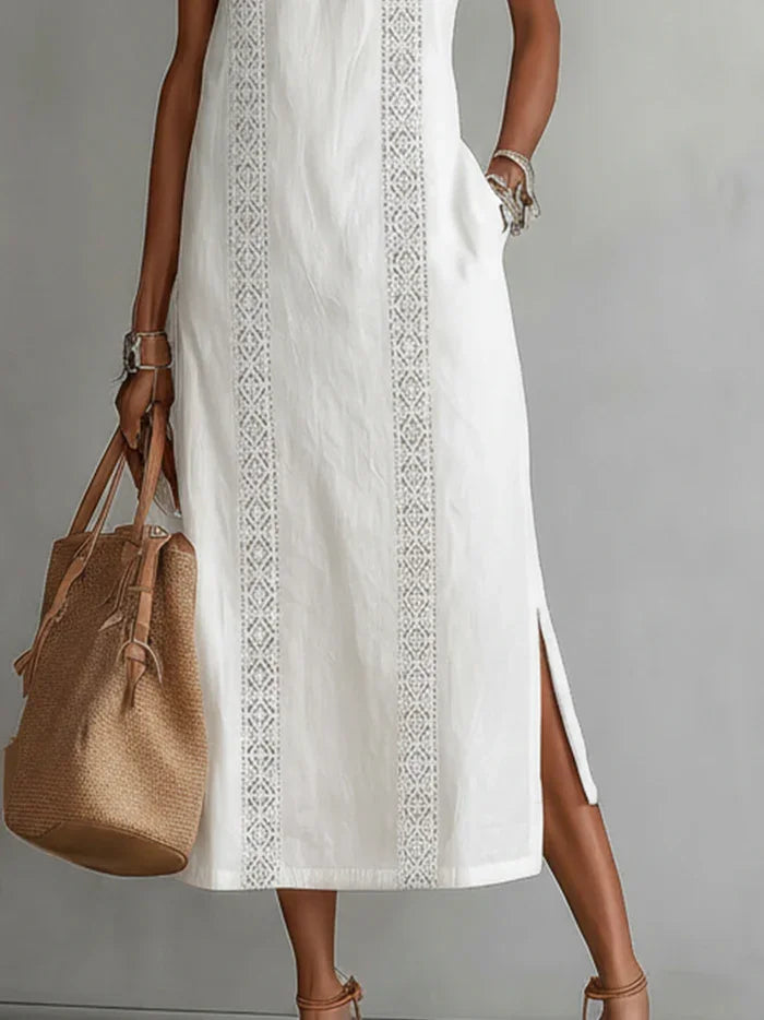 Women's Retro Minimalist Linen Midi Dress Sleeveless High Neck Lace Detail Casual Summer Beach Vacation Everyday – Celeste - Lolly 