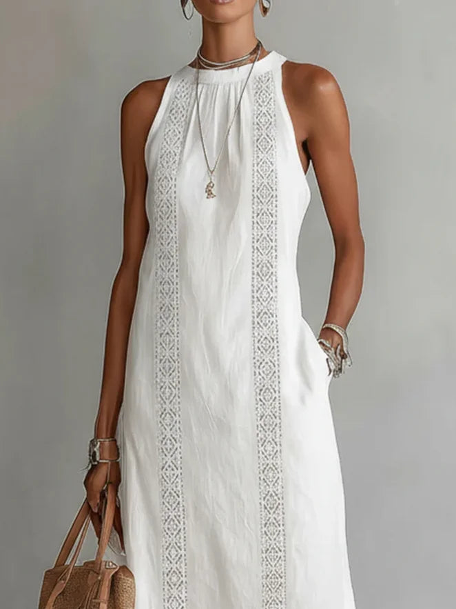 Women's Retro Minimalist Linen Midi Dress Sleeveless High Neck Lace Detail Casual Summer Beach Vacation Everyday – Celeste - Lolly 