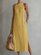 Women's Retro Minimalist Linen Midi Dress Sleeveless High Neck Lace Detail Casual Summer Beach Vacation Everyday – Celeste - Lolly 