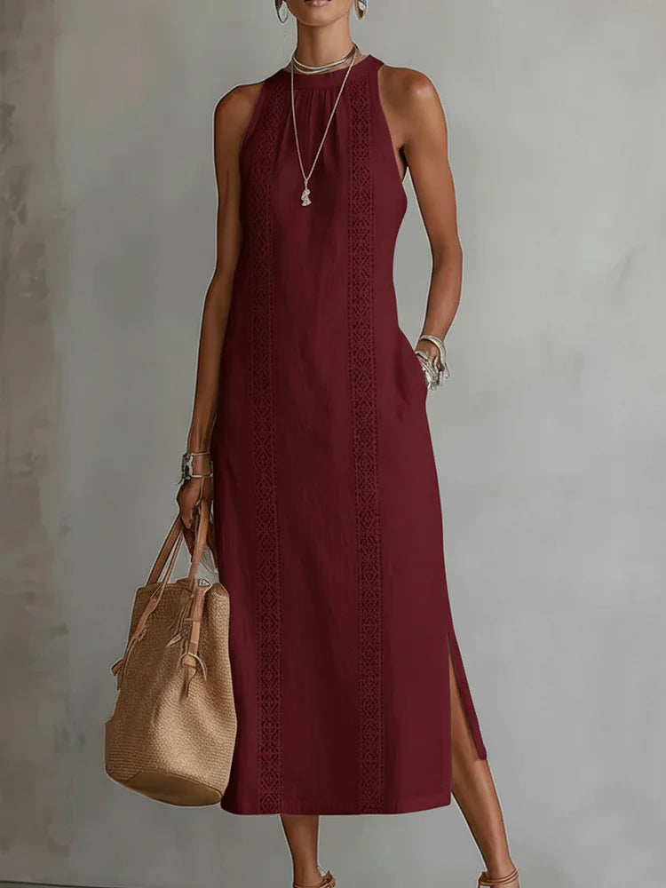 Women's Retro Minimalist Linen Midi Dress Sleeveless High Neck Lace Detail Casual Summer Beach Vacation Everyday – Celeste - Lolly 