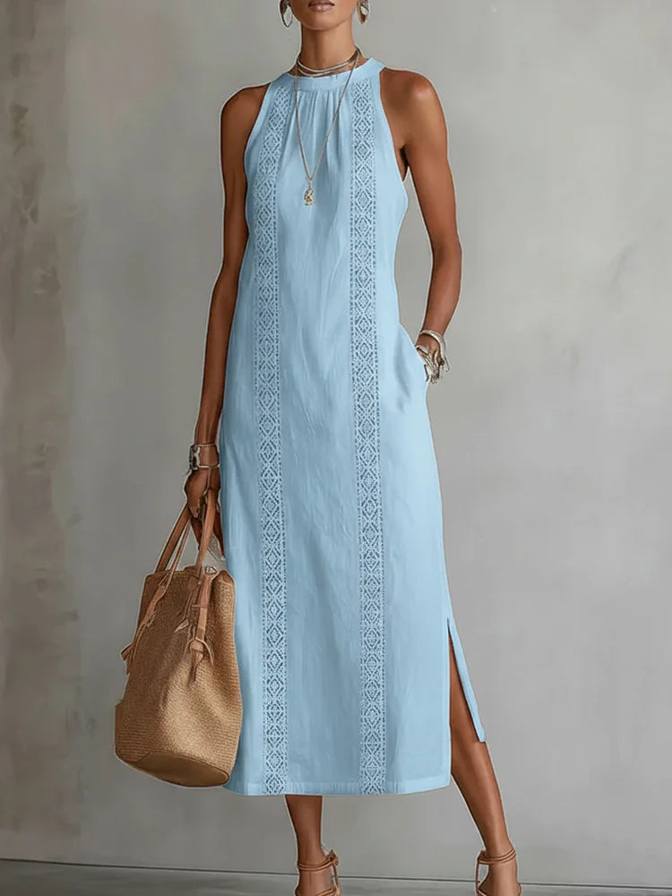 Women's Retro Minimalist Linen Midi Dress Sleeveless High Neck Lace Detail Casual Summer Beach Vacation Everyday – Celeste - Lolly 