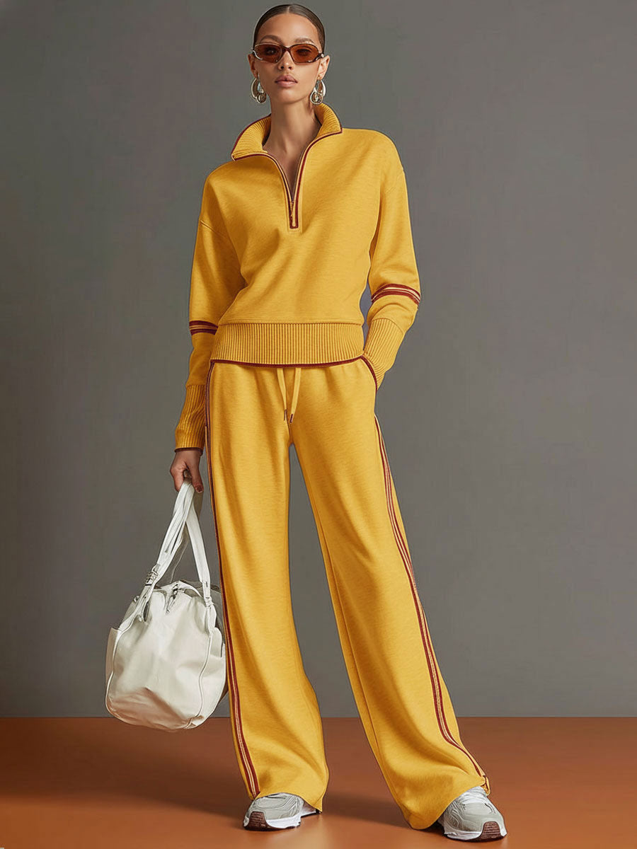 Women's Retro Sporty Two-Piece Set Half-Zip Sweatshirt Wide-Leg Pants Striped Webbing Casual – Grey White - Lolly 