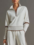 Women's Retro Sporty Two-Piece Set Half-Zip Sweatshirt Wide-Leg Pants Striped Webbing Casual – Grey White - Lolly 
