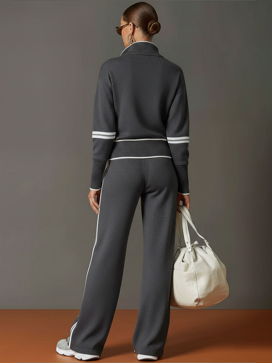 Women's Retro Sporty Two-Piece Set Half-Zip Sweatshirt Wide-Leg Pants Striped Webbing Casual – Grey White - Lolly 