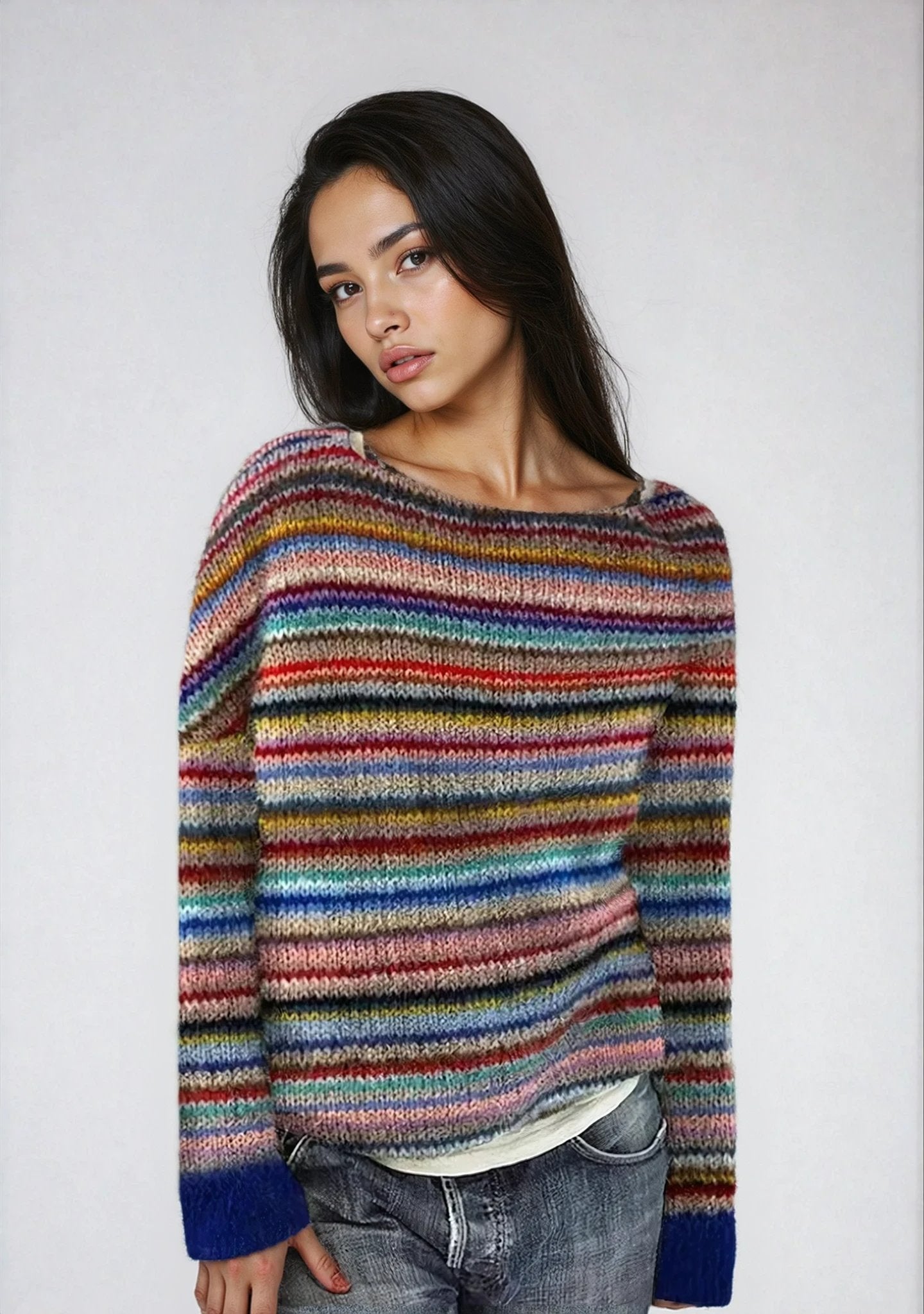 Women's Retro Striped Knit Sweater Boat Neck Relaxed Fit Casual Winter Pullover - Lolly 