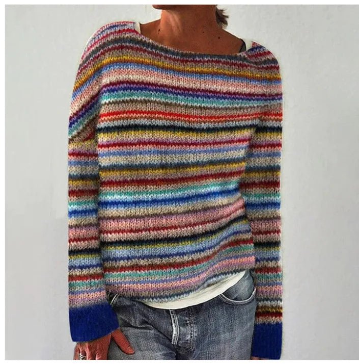 Women's Retro Striped Knit Sweater Boat Neck Relaxed Fit Casual Winter Pullover - Lolly 