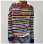 Women's Retro Striped Knit Sweater Boat Neck Relaxed Fit Casual Winter Pullover - Lolly 