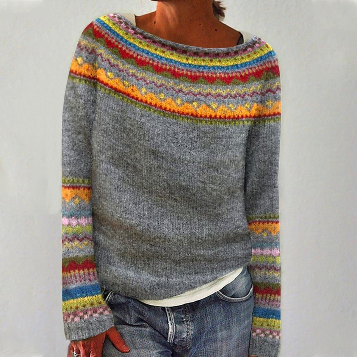 Women's Retro Striped Knit Sweater Boat Neck Relaxed Fit Casual Winter Pullover - Lolly 