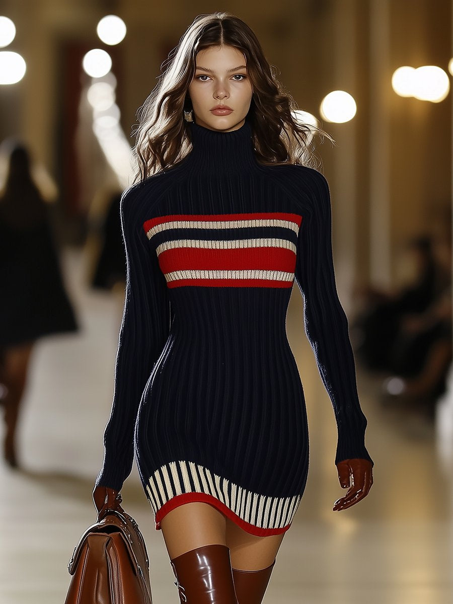 Women's Retro Striped Knit Sweater Short Dress High Collar Slim Fit Casual Party Elegant Everyday - Lolly 