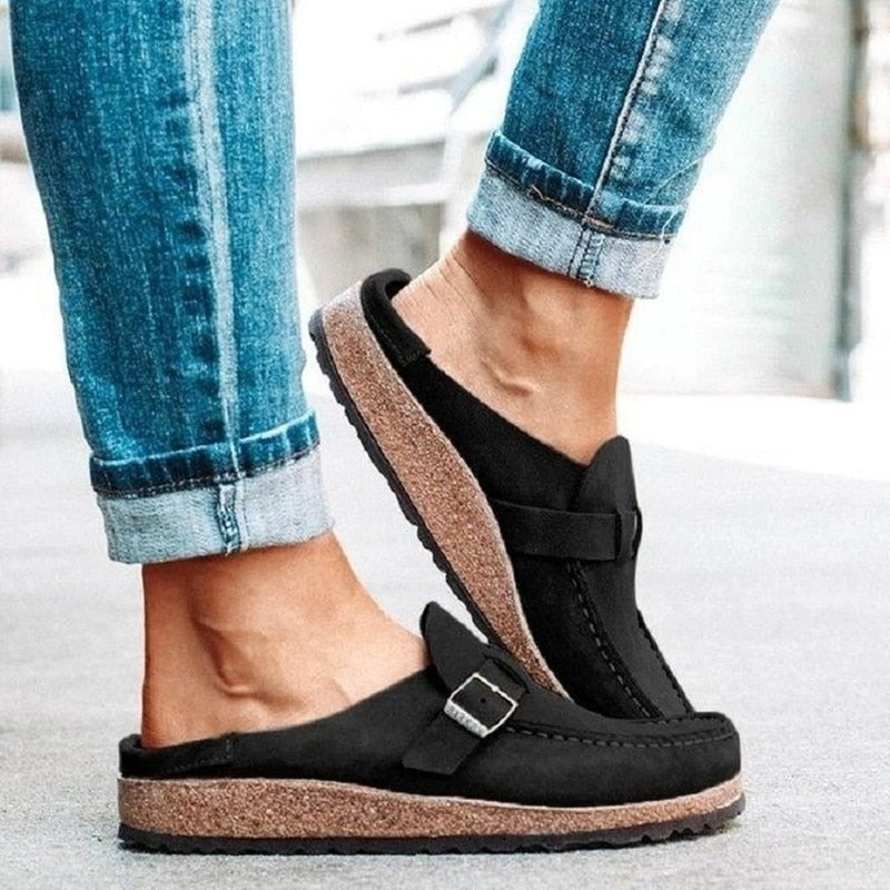 Women's Retro Suede Buckle Clog Mules Slip-On Flat Arch Support Casual Everyday Shoes – Marley - Lolly 