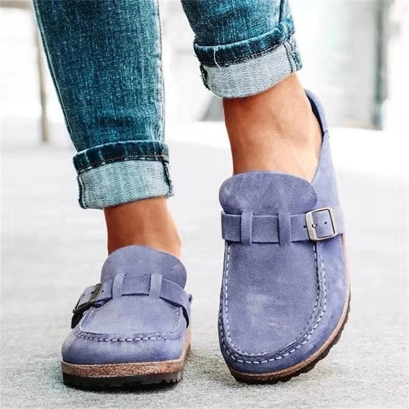 Women's Retro Suede Buckle Clog Mules Slip-On Flat Arch Support Casual Everyday Shoes – Marley - Lolly 
