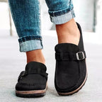 Women's Retro Suede Buckle Clog Mules Slip-On Flat Arch Support Casual Everyday Shoes – Marley - Lolly 
